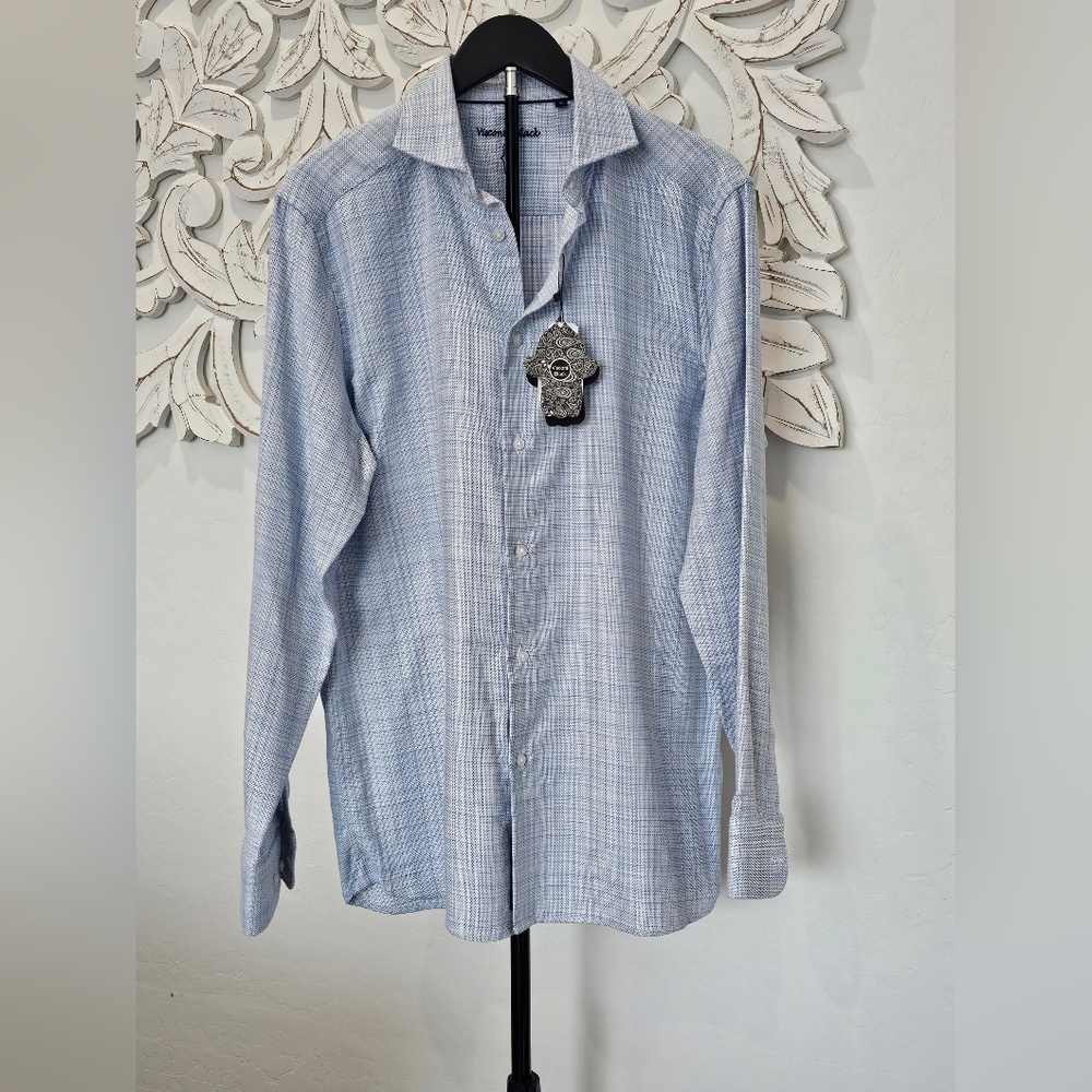 Viscinti Light Blue Plaid Luxury Button Down Cotton Shirt Men's Size Medium NWT